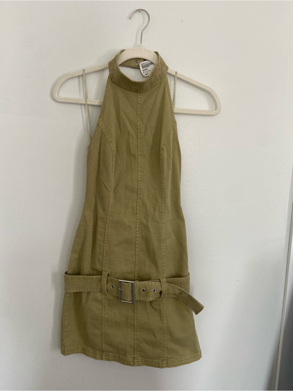 Bershka Olive Green Halter Belted Mini Dress